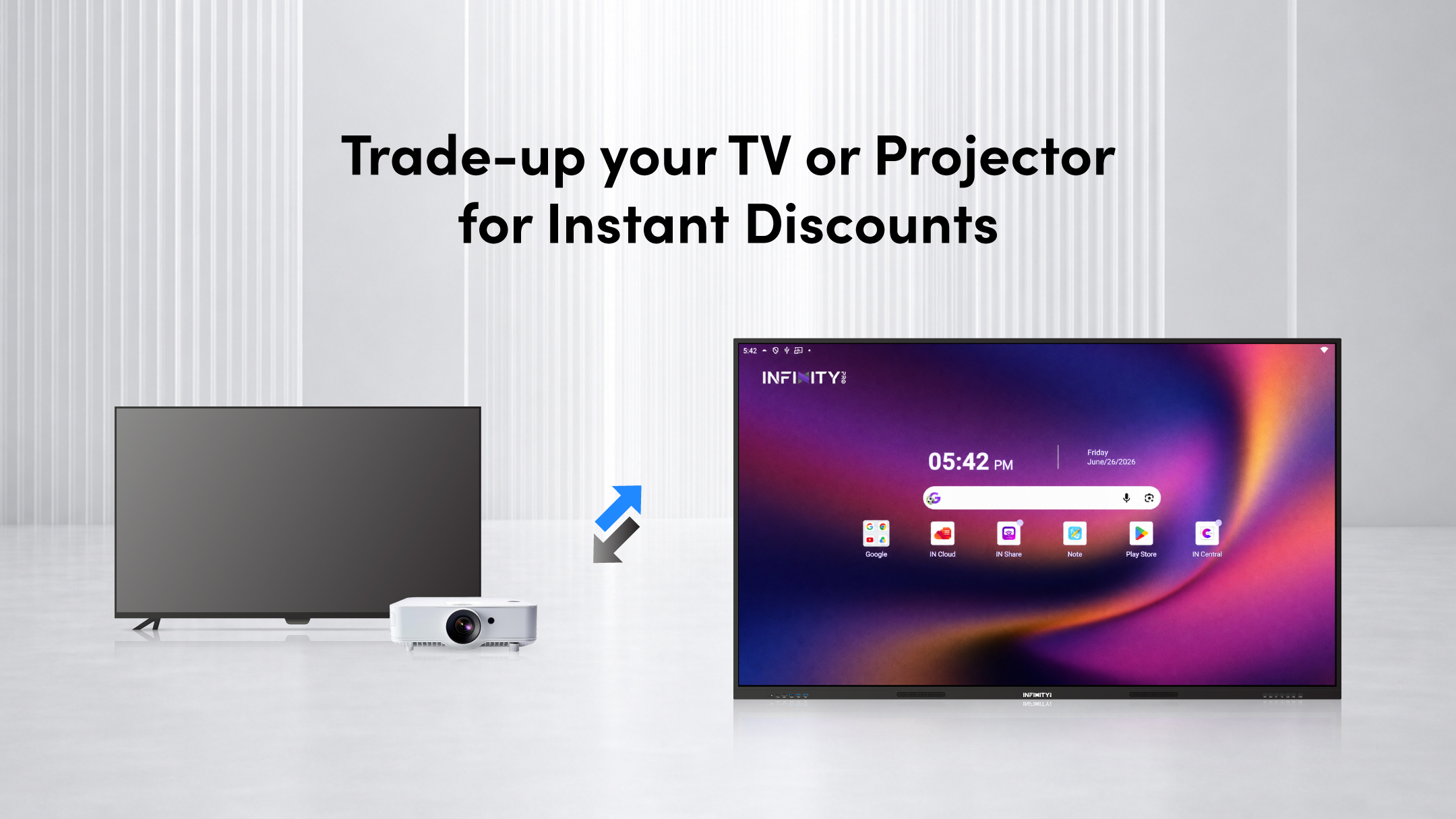 Trade-up your TV or Projector for Instant Discounts. An old TV and projector swap for a new InfinityPro interactive display.